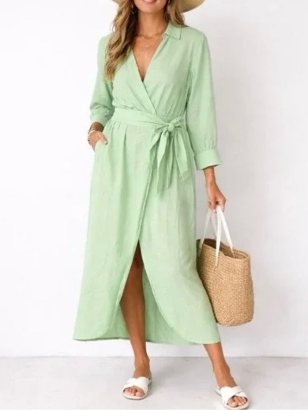 Magaschoni 100% Linen Wrap Maxi Dress in Green Size 8